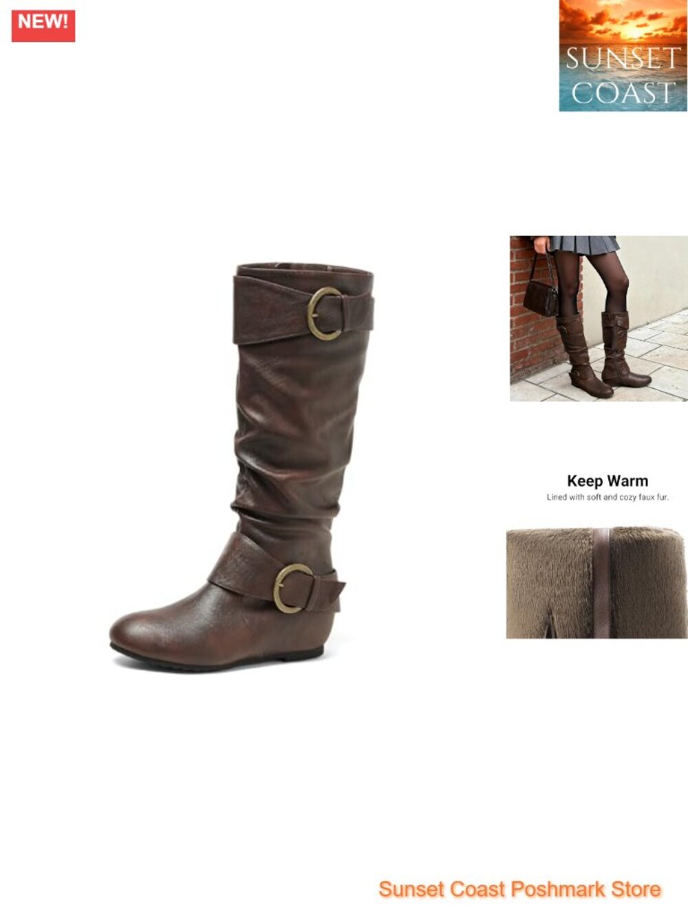 Women's Knee High Wedge Heel Boots Faux Fur Lined Faux Leather Side Zip